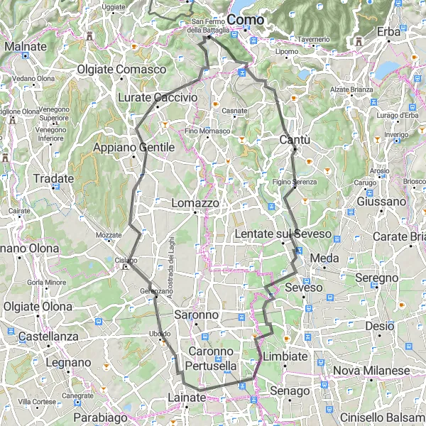 Zemljevid v pomanjšavi "San Fermo della Battaglia - Monte Caprino Loop" kolesarske inspiracije v Lombardia, Italy. Generirano z načrtovalcem kolesarskih poti Tarmacs.app