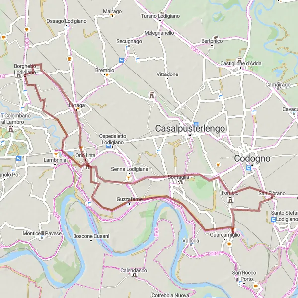 Miniatura della mappa di ispirazione al ciclismo "Esplorazione Gravel da Orio Litta a San Fiorano" nella regione di Lombardia, Italy. Generata da Tarmacs.app, pianificatore di rotte ciclistiche