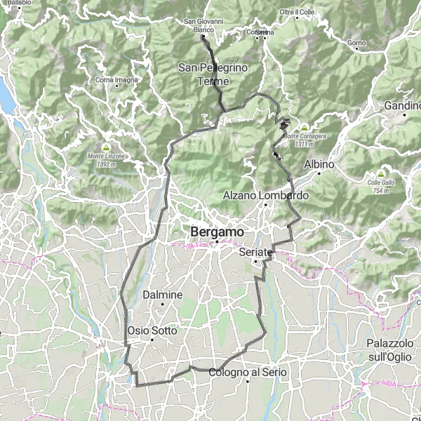 Miniatua del mapa de inspiración ciclista "Ruta de San Giovanni Bianco a Urgnano y San Pellegrino Terme" en Lombardia, Italy. Generado por Tarmacs.app planificador de rutas ciclistas
