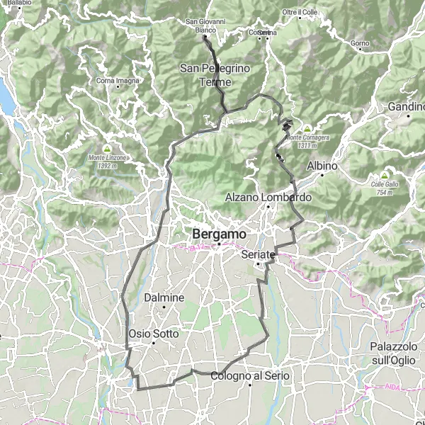 Miniatura della mappa di ispirazione al ciclismo "Giro in bicicletta da San Giovanni Bianco" nella regione di Lombardia, Italy. Generata da Tarmacs.app, pianificatore di rotte ciclistiche