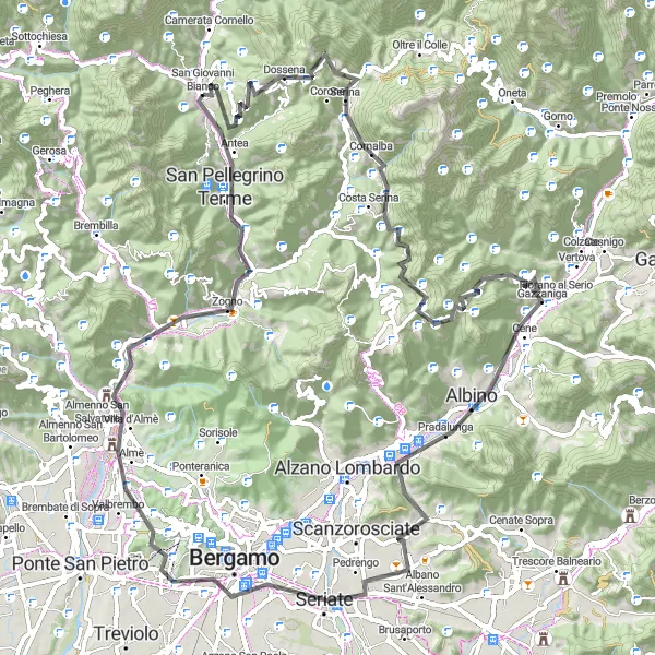 Kartminiatyr av "Utfordrende rute til Passo della Crocetta og Bergamo" sykkelinspirasjon i Lombardia, Italy. Generert av Tarmacs.app sykkelrutoplanlegger