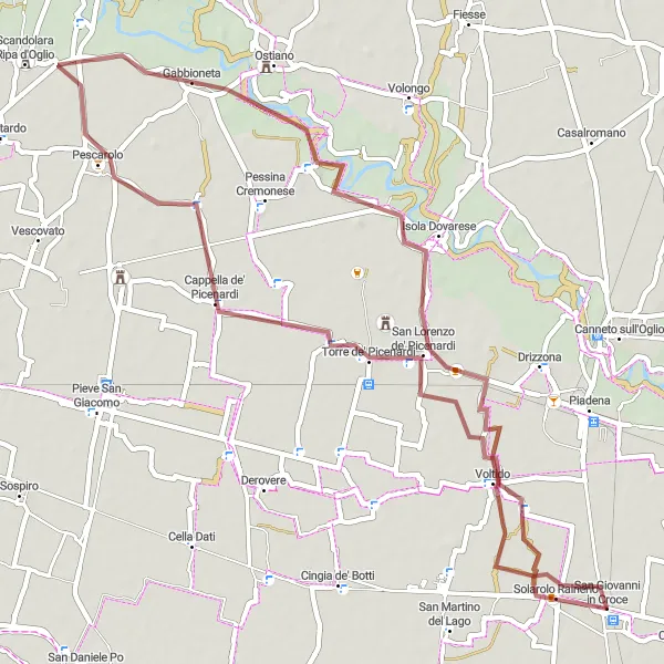 Map miniature of "Gravel and History: Monticelli Ripa d'Oglio to Voltido" cycling inspiration in Lombardia, Italy. Generated by Tarmacs.app cycling route planner