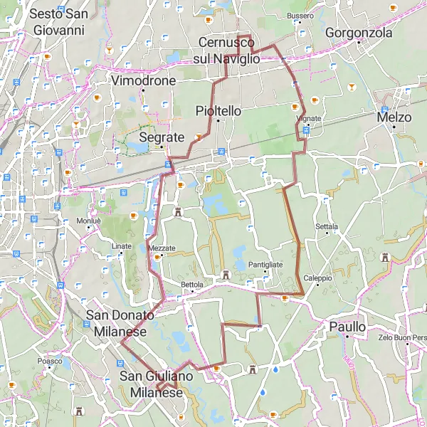 Miniatura della mappa di ispirazione al ciclismo "Percorso Gratel tra San Giuliano Milanese e Mediglia" nella regione di Lombardia, Italy. Generata da Tarmacs.app, pianificatore di rotte ciclistiche