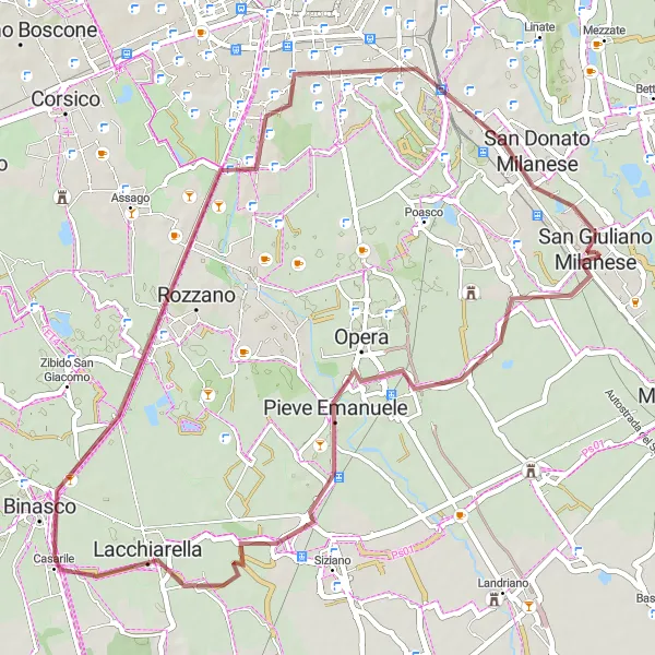 Zemljevid v pomanjšavi "Gravelska potovanja okoli San Giuliana Milanese" kolesarske inspiracije v Lombardia, Italy. Generirano z načrtovalcem kolesarskih poti Tarmacs.app