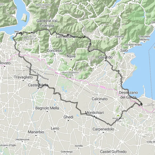 Kartminiatyr av "Utmanande Landsväg till Monte Regina" cykelinspiration i Lombardia, Italy. Genererad av Tarmacs.app cykelruttplanerare