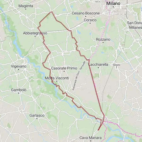 Kartminiatyr av "Grusvei eventyr til Gaggiano" sykkelinspirasjon i Lombardia, Italy. Generert av Tarmacs.app sykkelrutoplanlegger