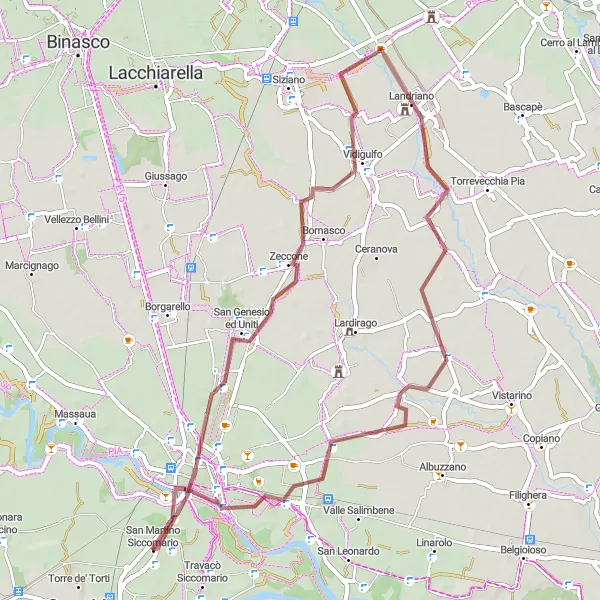 Miniatura della mappa di ispirazione al ciclismo "Giro Gravel fra Pavia e San Martino Siccomario" nella regione di Lombardia, Italy. Generata da Tarmacs.app, pianificatore di rotte ciclistiche