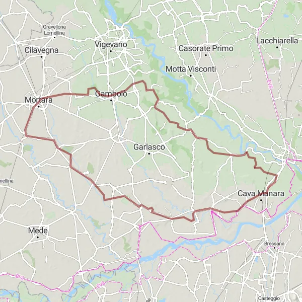 Miniatura della mappa di ispirazione al ciclismo "Gravel Tour of Mortara and Gambolò" nella regione di Lombardia, Italy. Generata da Tarmacs.app, pianificatore di rotte ciclistiche