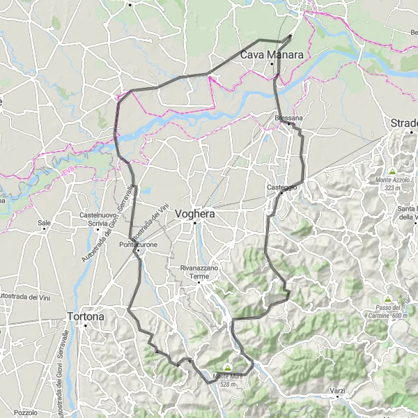 Kartminiatyr av "Robecco Pavese til Sannazzaro de' Burgondi" sykkelinspirasjon i Lombardia, Italy. Generert av Tarmacs.app sykkelrutoplanlegger
