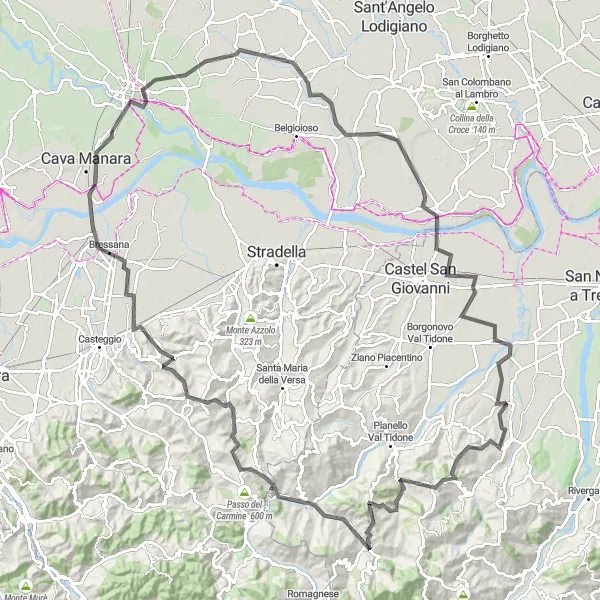 Miniatura della mappa di ispirazione al ciclismo "Avventura tra le Colline Pavesi" nella regione di Lombardia, Italy. Generata da Tarmacs.app, pianificatore di rotte ciclistiche