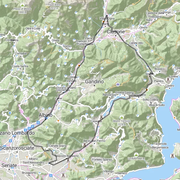 Miniatua del mapa de inspiración ciclista "Recorrido en Carretera a Pizzo di Quaglia y Trescore Balneario" en Lombardia, Italy. Generado por Tarmacs.app planificador de rutas ciclistas