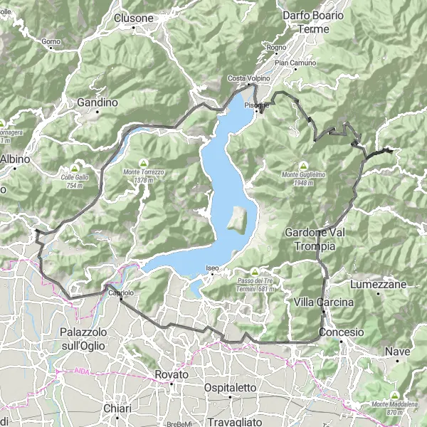 Miniatura della mappa di ispirazione al ciclismo "Giro in bici con vista sul lago Pisogne" nella regione di Lombardia, Italy. Generata da Tarmacs.app, pianificatore di rotte ciclistiche
