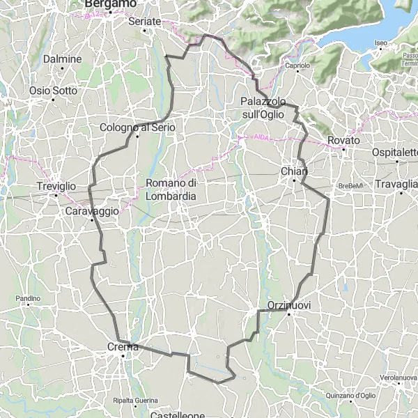 Mapa miniatúra "Okruh okolo San Paolo d'Argon" cyklistická inšpirácia v Lombardia, Italy. Vygenerované cyklistickým plánovačom trás Tarmacs.app
