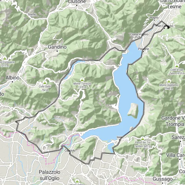 Kartminiatyr av "Vägar till Lovere och Iseo" cykelinspiration i Lombardia, Italy. Genererad av Tarmacs.app cykelruttplanerare