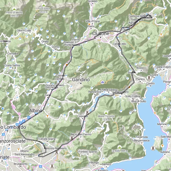 Zemljevid v pomanjšavi "San Paolo d'Argon - Castione della Presolana Road Adventure" kolesarske inspiracije v Lombardia, Italy. Generirano z načrtovalcem kolesarskih poti Tarmacs.app