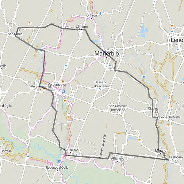 Miniature de la carte de l'inspiration cycliste "Escapade à Cigole et Pontevico" dans la Lombardia, Italy. Générée par le planificateur d'itinéraire cycliste Tarmacs.app