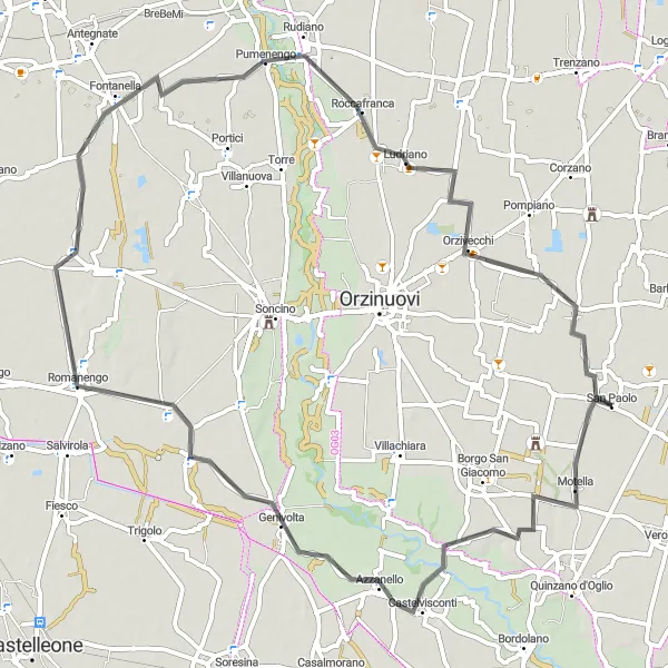 Miniatua del mapa de inspiración ciclista "Ruta por Castelvisconti y Pumenengo" en Lombardia, Italy. Generado por Tarmacs.app planificador de rutas ciclistas