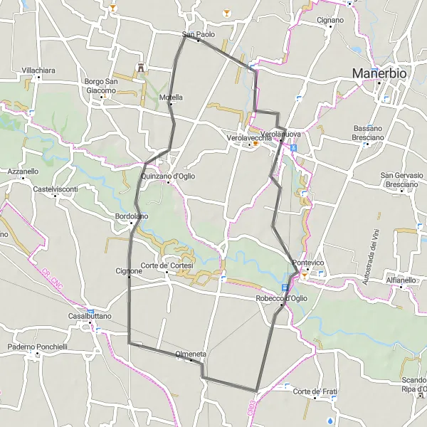 Zemljevid v pomanjšavi "Kolesarska pot Verolanuova - Robecco d'Oglio - Olmeneta" kolesarske inspiracije v Lombardia, Italy. Generirano z načrtovalcem kolesarskih poti Tarmacs.app