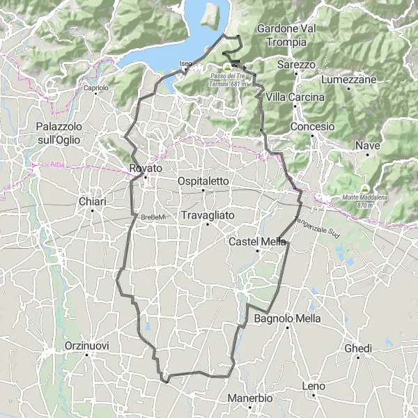Miniatura della mappa di ispirazione al ciclismo "Sfide Montane" nella regione di Lombardia, Italy. Generata da Tarmacs.app, pianificatore di rotte ciclistiche