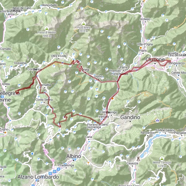 Miniature de la carte de l'inspiration cycliste "Parcours Gravel vers Monte Gioco et Monte Corno" dans la Lombardia, Italy. Générée par le planificateur d'itinéraire cycliste Tarmacs.app