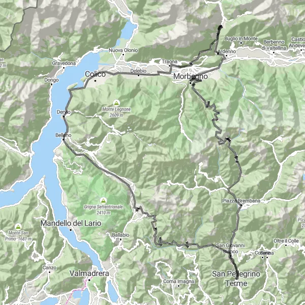 Zemljevid v pomanjšavi "Velika krožna pot okoli San Pellegrino Terme" kolesarske inspiracije v Lombardia, Italy. Generirano z načrtovalcem kolesarskih poti Tarmacs.app