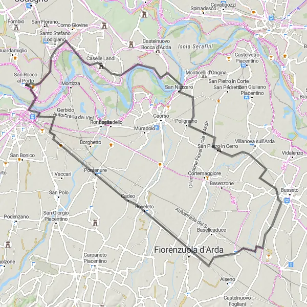 Miniatua del mapa de inspiración ciclista "Ruta de ciclismo de carretera por Caselle Landi y Chiaravalle della Colomba" en Lombardia, Italy. Generado por Tarmacs.app planificador de rutas ciclistas