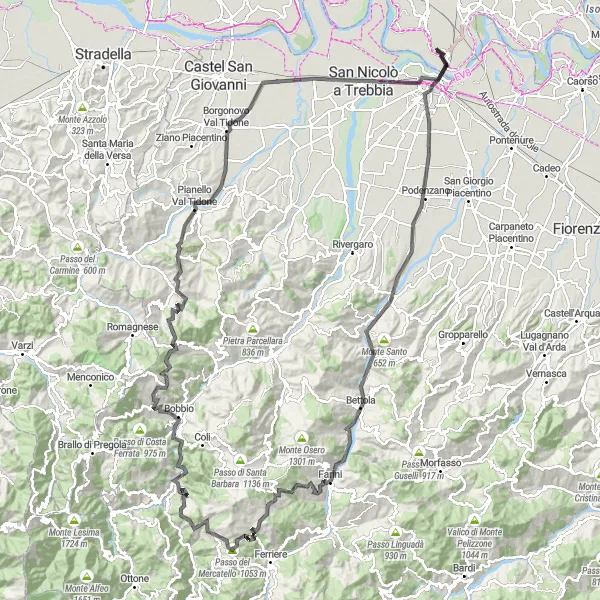 Zemljevid v pomanjšavi "San Rocco al Porto - Bobbio Loop" kolesarske inspiracije v Lombardia, Italy. Generirano z načrtovalcem kolesarskih poti Tarmacs.app