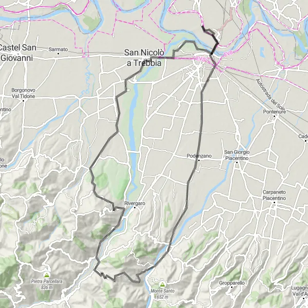 Mapa miniatúra "Náročná cyklistická trasa cez Piacenza, Ponte dell'Olio, Travo, Gragnano Trebbiense a San Rocco al Porto" cyklistická inšpirácia v Lombardia, Italy. Vygenerované cyklistickým plánovačom trás Tarmacs.app