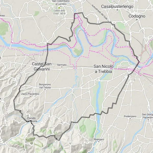 Miniature de la carte de l'inspiration cycliste "Traversée des collines de la Val Tidone et de la Lomellina" dans la Lombardia, Italy. Générée par le planificateur d'itinéraire cycliste Tarmacs.app