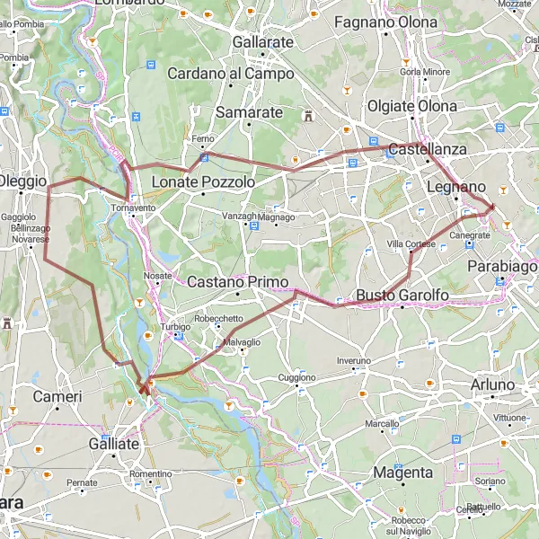 Zemljevid v pomanjšavi "Gravel route from San Vittore Olona to Legnano" kolesarske inspiracije v Lombardia, Italy. Generirano z načrtovalcem kolesarskih poti Tarmacs.app