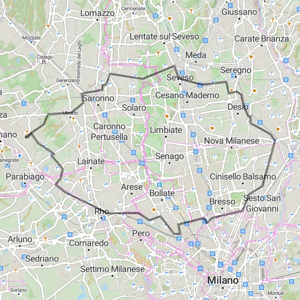 Mapa miniatúra "Road Cycling Adventure near San Vittore Olona" cyklistická inšpirácia v Lombardia, Italy. Vygenerované cyklistickým plánovačom trás Tarmacs.app