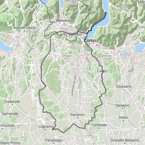 Miniatuurkaart van de fietsinspiratie "Uitdagende tocht langs Como en Cantù" in Lombardia, Italy. Gemaakt door de Tarmacs.app fietsrouteplanner