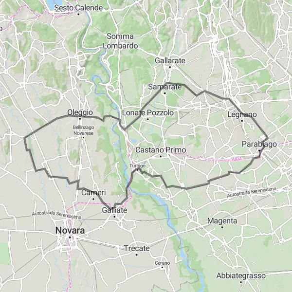 Miniatura della mappa di ispirazione al ciclismo "Cicloturismo tra Cuggiono e San Lorenzo" nella regione di Lombardia, Italy. Generata da Tarmacs.app, pianificatore di rotte ciclistiche