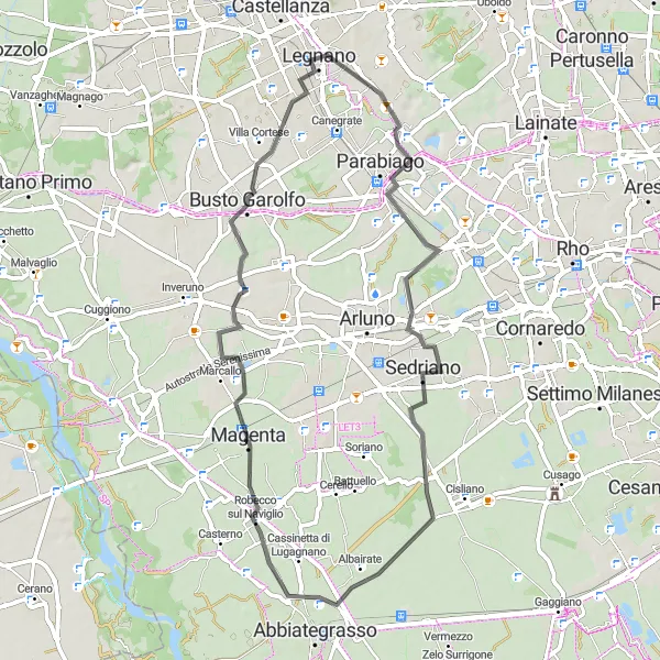 Miniatura della mappa di ispirazione al ciclismo "Tra Parabiago e San Giorgio su Legnano" nella regione di Lombardia, Italy. Generata da Tarmacs.app, pianificatore di rotte ciclistiche