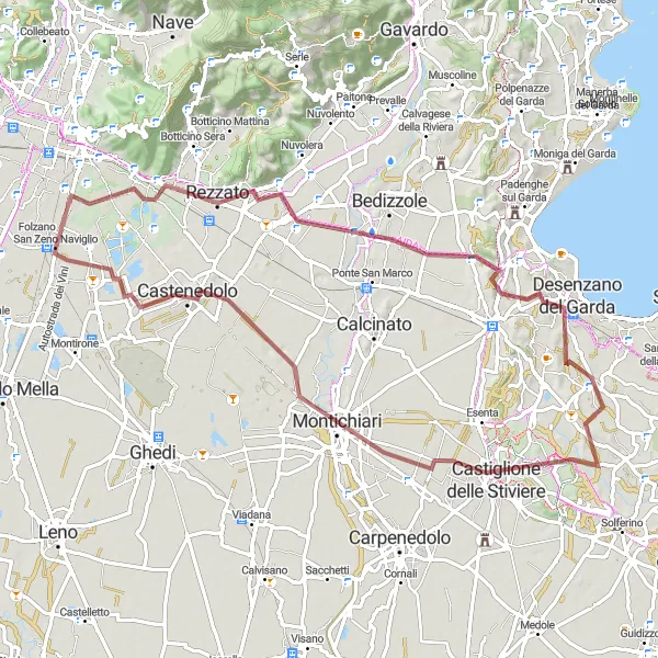 Miniatura della mappa di ispirazione al ciclismo "Avventura off-road di 77 km da San Zeno Naviglio a Piffione" nella regione di Lombardia, Italy. Generata da Tarmacs.app, pianificatore di rotte ciclistiche