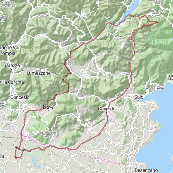 Mapa miniatúra "Gravelová trasa okolo Lombardska" cyklistická inšpirácia v Lombardia, Italy. Vygenerované cyklistickým plánovačom trás Tarmacs.app