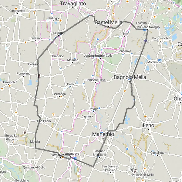 Miniatura della mappa di ispirazione al ciclismo "Giro in bicicletta di 68 km da San Zeno Naviglio a Bagnolo Mella e oltre" nella regione di Lombardia, Italy. Generata da Tarmacs.app, pianificatore di rotte ciclistiche