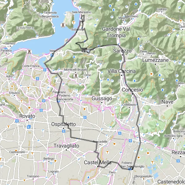 Map miniature of "San Zeno Naviglio to Monte Pollo Loop" cycling inspiration in Lombardia, Italy. Generated by Tarmacs.app cycling route planner