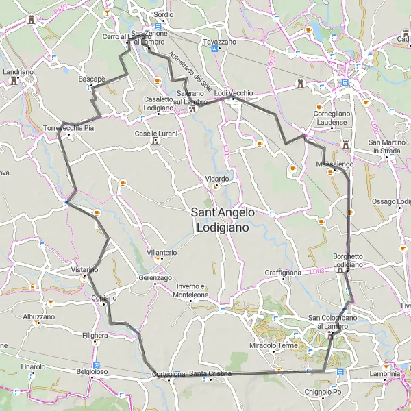Miniatua del mapa de inspiración ciclista "Ruta a Borghetto Lodigiano y Copiano" en Lombardia, Italy. Generado por Tarmacs.app planificador de rutas ciclistas