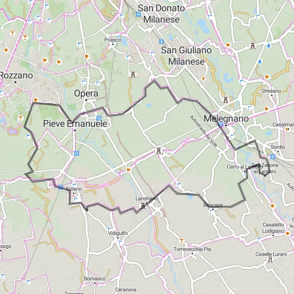 Miniatura della mappa di ispirazione al ciclismo "Giro in bici da San Zenone al Lambro" nella regione di Lombardia, Italy. Generata da Tarmacs.app, pianificatore di rotte ciclistiche