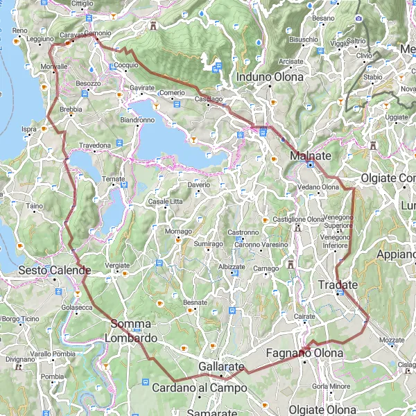Miniatura della mappa di ispirazione al ciclismo "Gravel Adventure around Sangiano" nella regione di Lombardia, Italy. Generata da Tarmacs.app, pianificatore di rotte ciclistiche