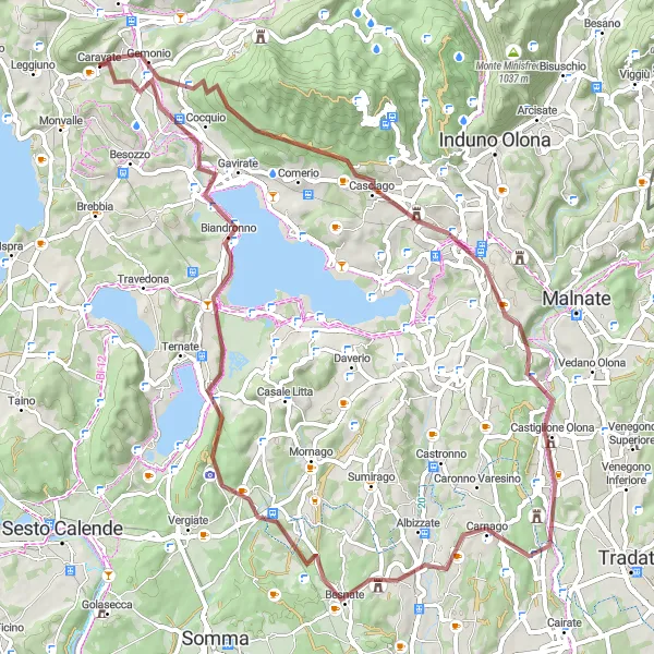 Mapa miniatúra "Gravelový výlet cez Bardello" cyklistická inšpirácia v Lombardia, Italy. Vygenerované cyklistickým plánovačom trás Tarmacs.app