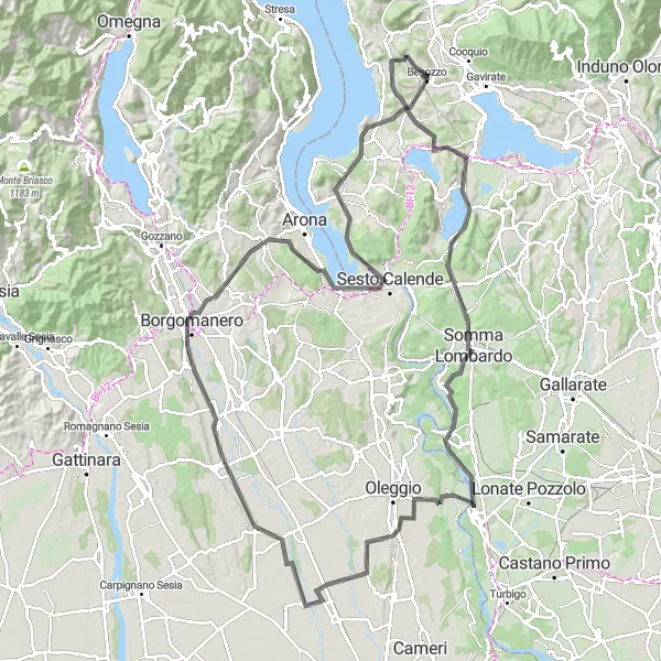 Miniaturekort af cykelinspirationen "120 kilometer landevejscykelrute fra Sangiano" i Lombardia, Italy. Genereret af Tarmacs.app cykelruteplanlægger