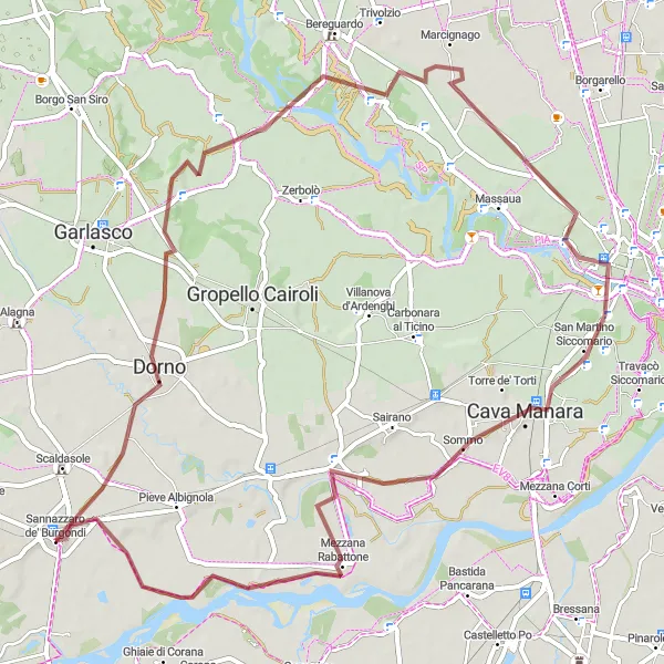 Map miniature of "Scenic Gravel Ride Near Sannazzaro de' Burgondi" cycling inspiration in Lombardia, Italy. Generated by Tarmacs.app cycling route planner