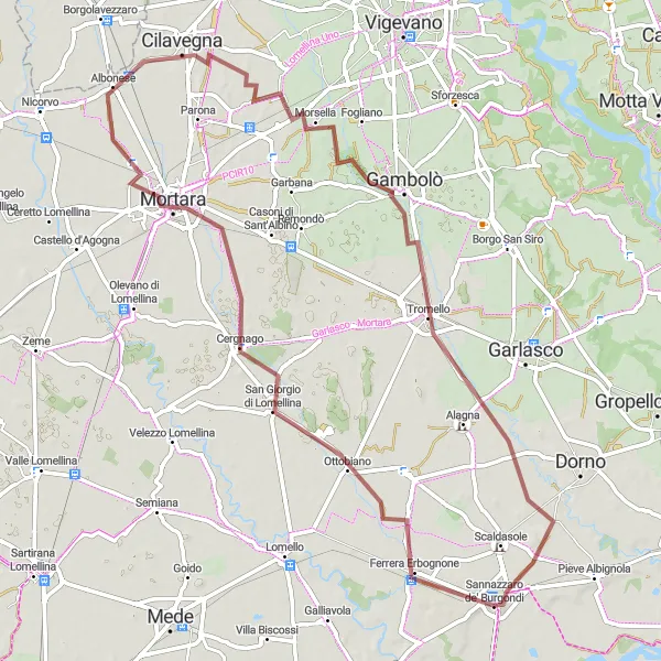 Kartminiatyr av "Grusväg mot Cilavegna och Tromello" cykelinspiration i Lombardia, Italy. Genererad av Tarmacs.app cykelruttplanerare