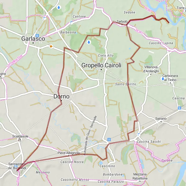 Miniaturní mapa "Gravel Cyklotrasa kolem Sannazzaro de' Burgondi" inspirace pro cyklisty v oblasti Lombardia, Italy. Vytvořeno pomocí plánovače tras Tarmacs.app