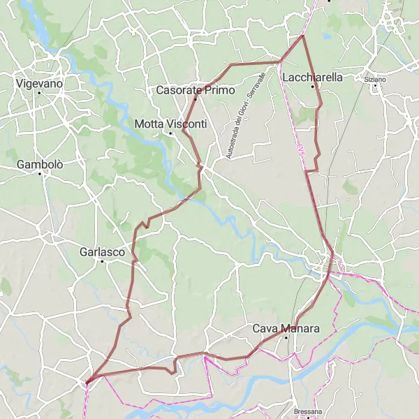 Miniatua del mapa de inspiración ciclista "Ruta de Grava de Dorno a San Martino Siccomario" en Lombardia, Italy. Generado por Tarmacs.app planificador de rutas ciclistas