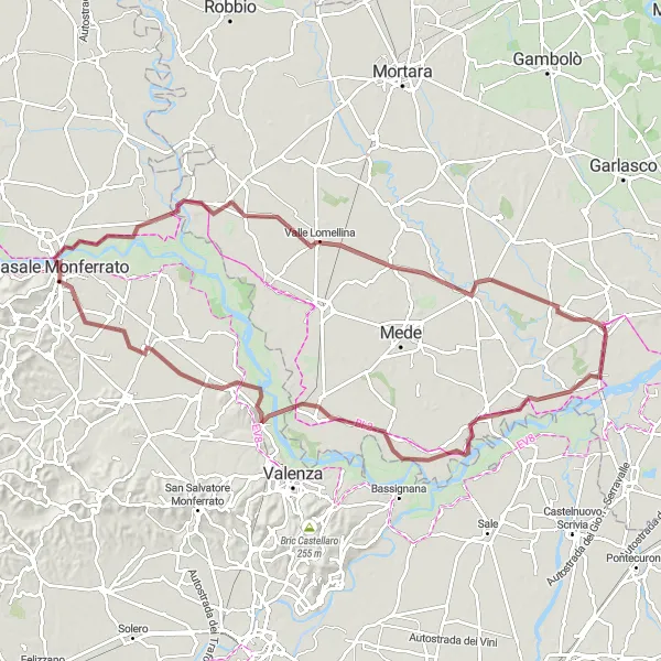 Miniaturní mapa "Gravel Trasa kolem Sannazzaro de' Burgondi" inspirace pro cyklisty v oblasti Lombardia, Italy. Vytvořeno pomocí plánovače tras Tarmacs.app