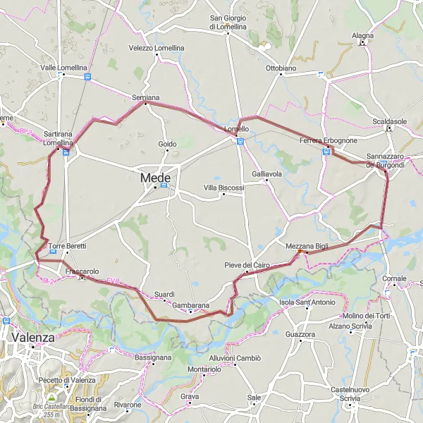 Miniatua del mapa de inspiración ciclista "Aventura en Grava a Pieve del Cairo y Sartirana Lomellina" en Lombardia, Italy. Generado por Tarmacs.app planificador de rutas ciclistas