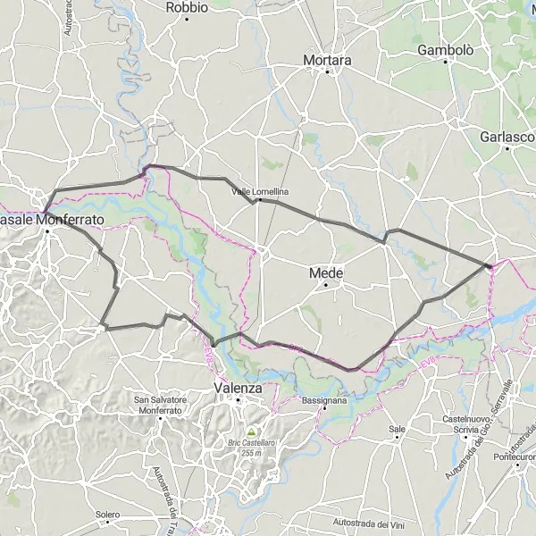 Mapa miniatúra "Cestná jazda cez Gambarana a Casale Monferrato" cyklistická inšpirácia v Lombardia, Italy. Vygenerované cyklistickým plánovačom trás Tarmacs.app